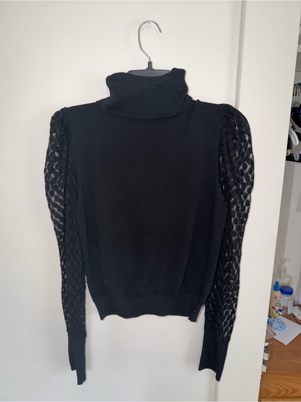 Love Tree Black Turtleneck Sweater with Lace Puff Sleeves